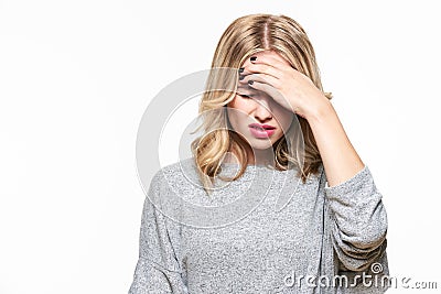 Young Woman Having Headache. Stressed Exhausted Young Woman Having Strong Tension Headache. Suffering from migrane. Stock Photo