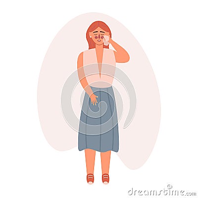 Young woman having a runny nose and suffering for this. Vector illustratin in trendy live flat style. Healthcare, pain Vector Illustration