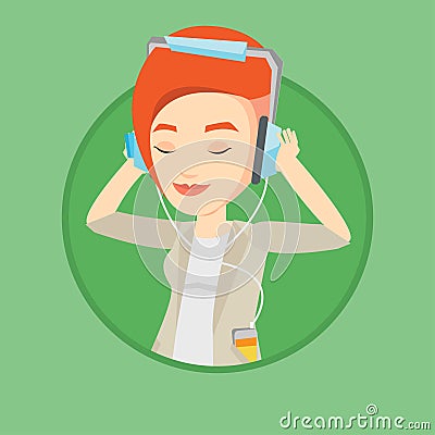 Young woman in headphones listening to music. Vector Illustration