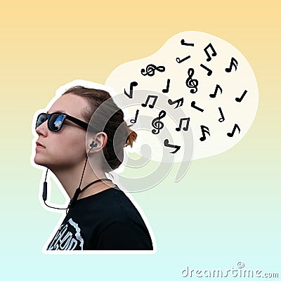 Young woman headphones with musical notes cloud social media ad creative digital art collage. Listen to music play sound Stock Photo