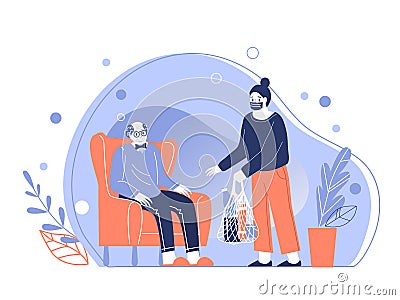 Young woman help older man and bring home food for him. Caring for elderly pensioners during quarantine. Coronavirus Vector Illustration