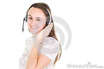 Young woman helpline operator smil portrait in call center Stock Photo