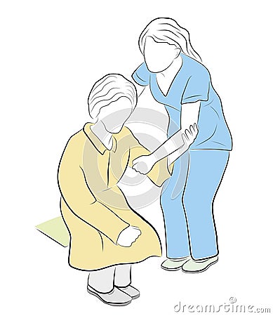 A young woman helps raise an elderly woman. health care. care for the elderly. vector illustration. Vector Illustration