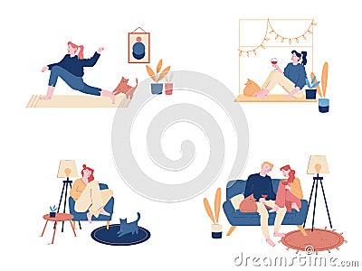 Young Woman and her Cat Set. Girl Spend Time at Home Alone and Dating with Boyfriend, Drinking Wine, Doing Fitness Vector Illustration