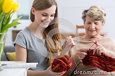 Young woman and her grandma knitting Stock Photo