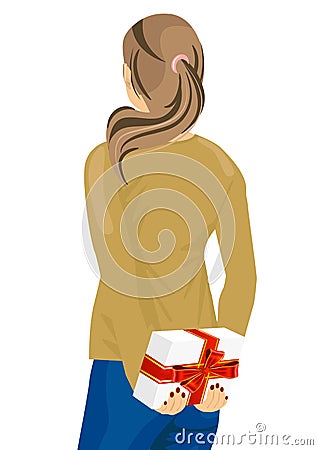 Young woman hiding a gift behind her back Vector Illustration