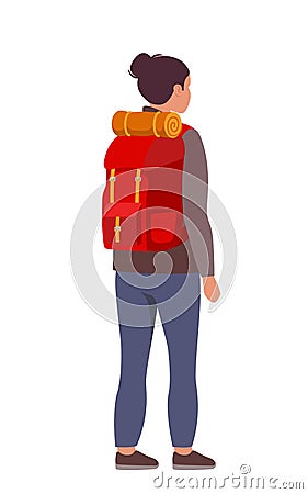 Young woman hiking tourist with a backpack. The concept of outdoor activities. Trekking, backpacking. Vector illustration Vector Illustration