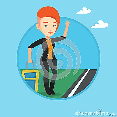 Young woman hitchhiking vector illustration. Vector Illustration