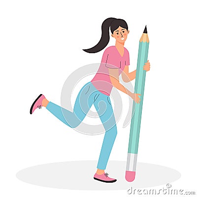 Young woman holding big pencil. Student girl with large pencil in a funny pose. Vector Illustration