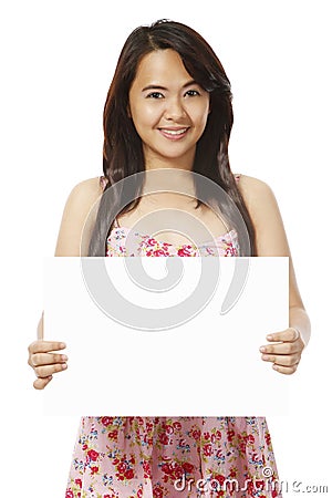 Young Woman Holding Blank Message Stock Photo