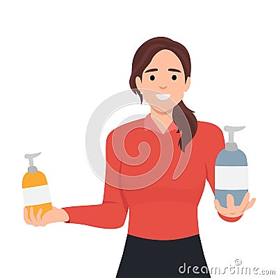 Young woman holding bottle and tube with certified organic natural cosmetics Vector Illustration