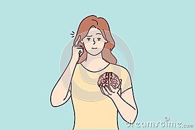 Young woman hold brain pint at head Vector Illustration