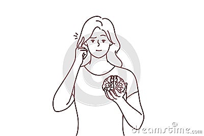 Young woman hold brain pint at head Vector Illustration