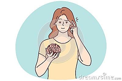 Young woman hold brain pint at head Vector Illustration