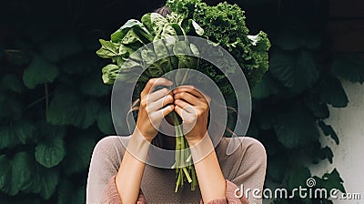 Young woman holding a bunch of fresh leafy greens in front of her face. Healthy plant base diet vitamins veganism concept Stock Photo