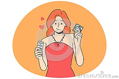 Woman holding contraception methods for pregnancy prevention Vector Illustration