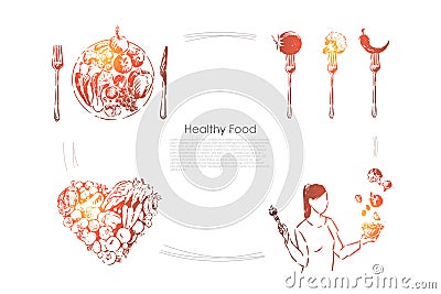 Young woman holding delicious salad, vegetables in heart shape, vitamin diet, vegetarian lifestyle banner Vector Illustration