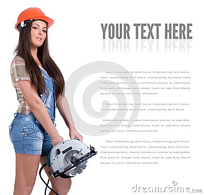 Young woman holding an electric circular disk saw. Stock Photo