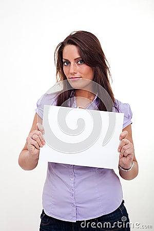 A young woman, holding an empty paper Stock Photo