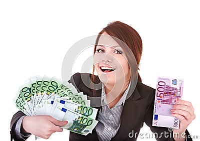 Young woman holding euro money. Stock Photo