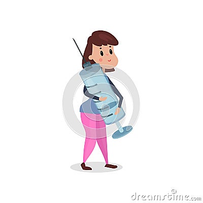 Young woman holding giant syringe, harmful habit and addiction cartoon vector Illustration Vector Illustration