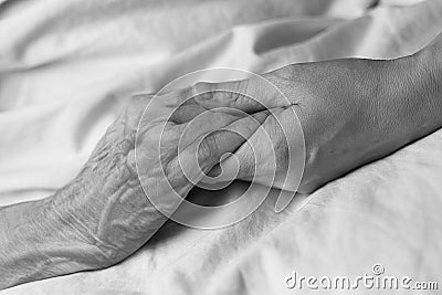 A young woman holding the hand of an old woman in a hospital bed, black & white Stock Photo