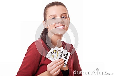 Young woman holding in hand poker card Stock Photo