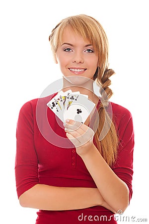 Young woman holding in hand poker card Royal Stock Photo