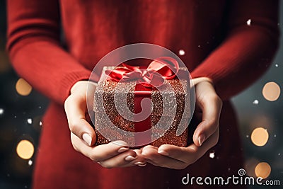 Young woman holding in hands a Christmas gift in shiny glittering package with red ribbon. Festive blurred background with golden Stock Photo