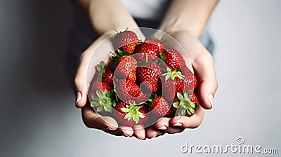 Young woman holding heap of red berries in hands. Fresh healthy vegan dietary food for spring detox. Fruits background. Clean Stock Photo