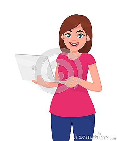 Young woman holding laptop computer against white background. Gadget and computer concept illustration in vector cartoon. Vector Illustration