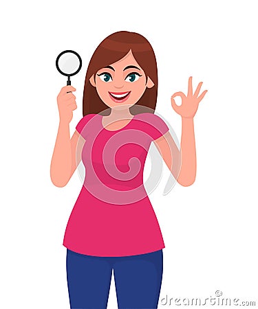Young woman holding magnifying glass. Girl showing okay, OK gesture sign. Female character design illustration. Human emotions. Vector Illustration
