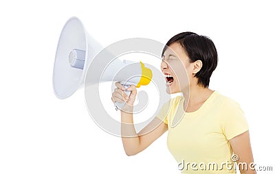 Young woman holding megaphone. isolated on white background Stock Photo