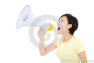 Young woman holding megaphone.isolated on white background Stock Photo