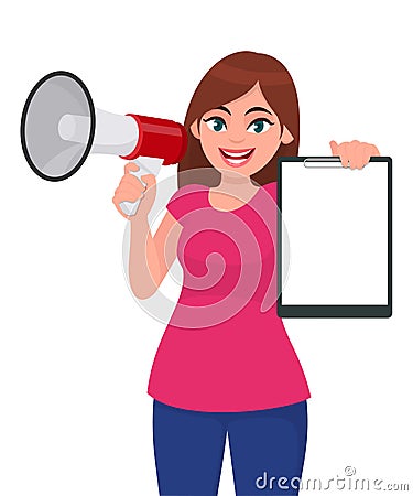 Young woman holding a megaphone or loudspeaker in hand. Girl holding blank clipboard, document, file or report. Female character. Vector Illustration