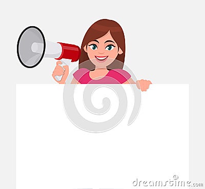 Young woman holding a megaphone or loudspeaker in hand. Girl showing a blank white poster or banner for copy space text. Vector Illustration