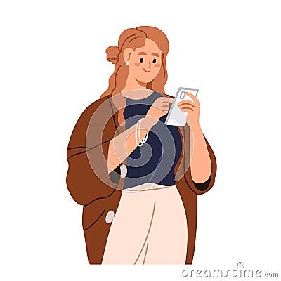 Young woman holding mobile cell phone. Female character with smartphone, cellphone in hand, using device, scrolling Vector Illustration