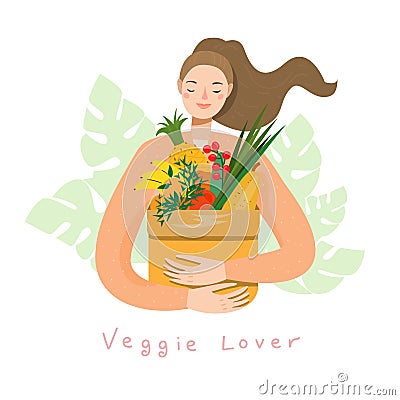 Young Woman holding natural fruits and vegetables in grocery paper bag. Vegan girl eat organic products Vector Illustration