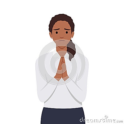 Young woman holding palms pressed together, asking for forgiveness, feeling sorry Cartoon Illustration