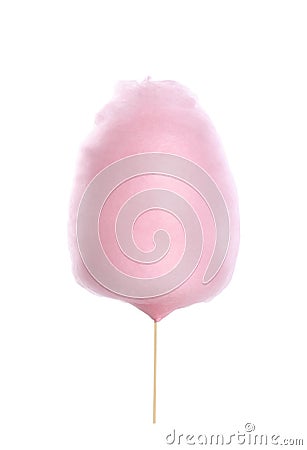 Young woman holding pink cotton candy on white background Stock Photo