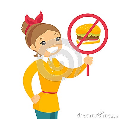 Young woman holding placard with no fastfood sign. Vector Illustration