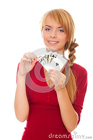 Young woman holding poker card Stock Photo