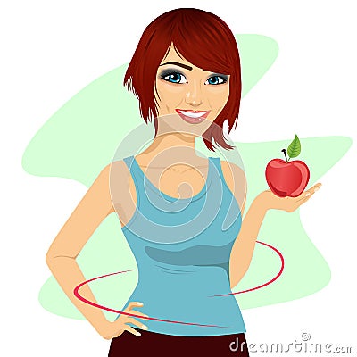 Young woman holding a red apple showing thin waist Vector Illustration