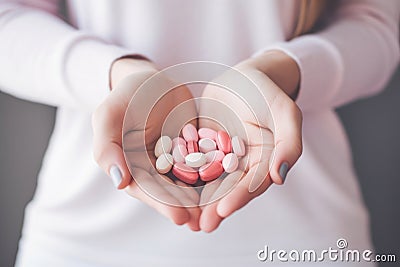 Young woman holding several vitamin pills and supplements in her hands, AI generated Stock Photo