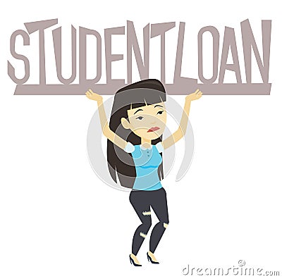 Young woman holding sign of student loan. Vector Illustration