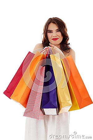 Young woman holding small empty shopping bags Stock Photo