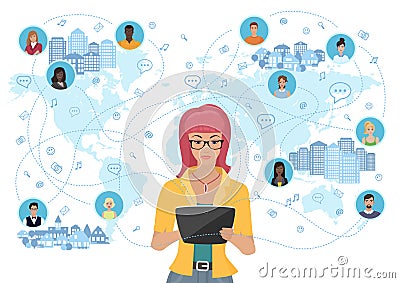 Young woman holding a tablet and communicating people all over the world. Social network and social media concept. Vector Illustration