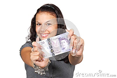 Young woman holding twenty pounds Editorial Stock Photo