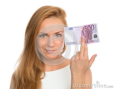 Young woman holding up cash money five hundred euro Stock Photo