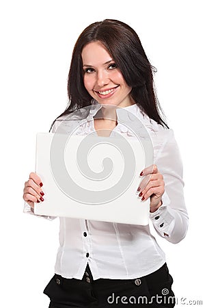 Young woman holding a white notebook Stock Photo